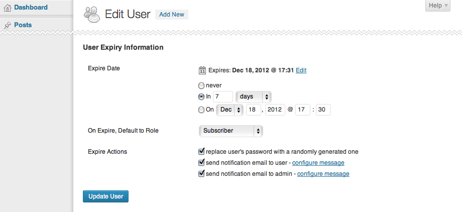 Edit a user's expiry date and expiry actions.