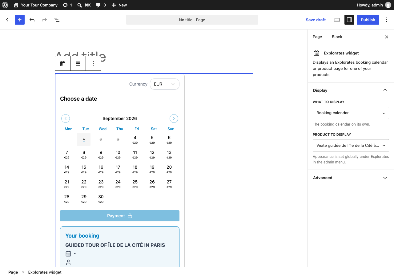 The "Explorates widget" block in the editor, with the display switch, the product picker and a live preview.