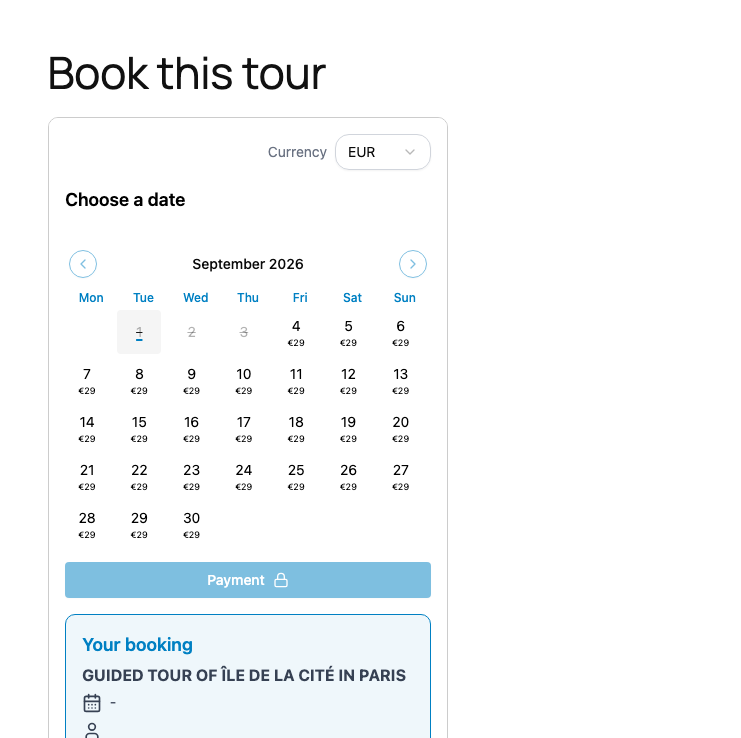 The booking calendar on a published page.