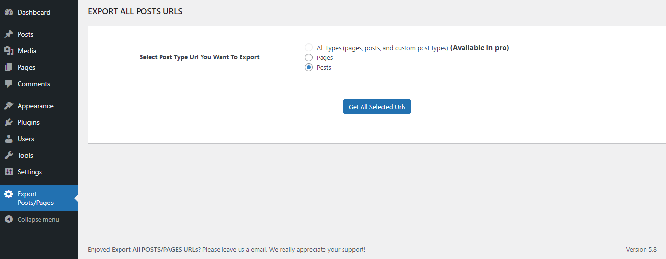 Admin screenshot of Export Posts/Pages