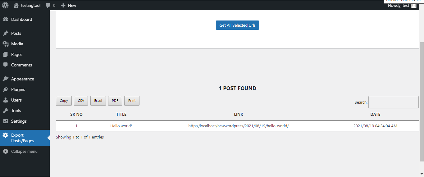 Exported data in the dashboard after click
