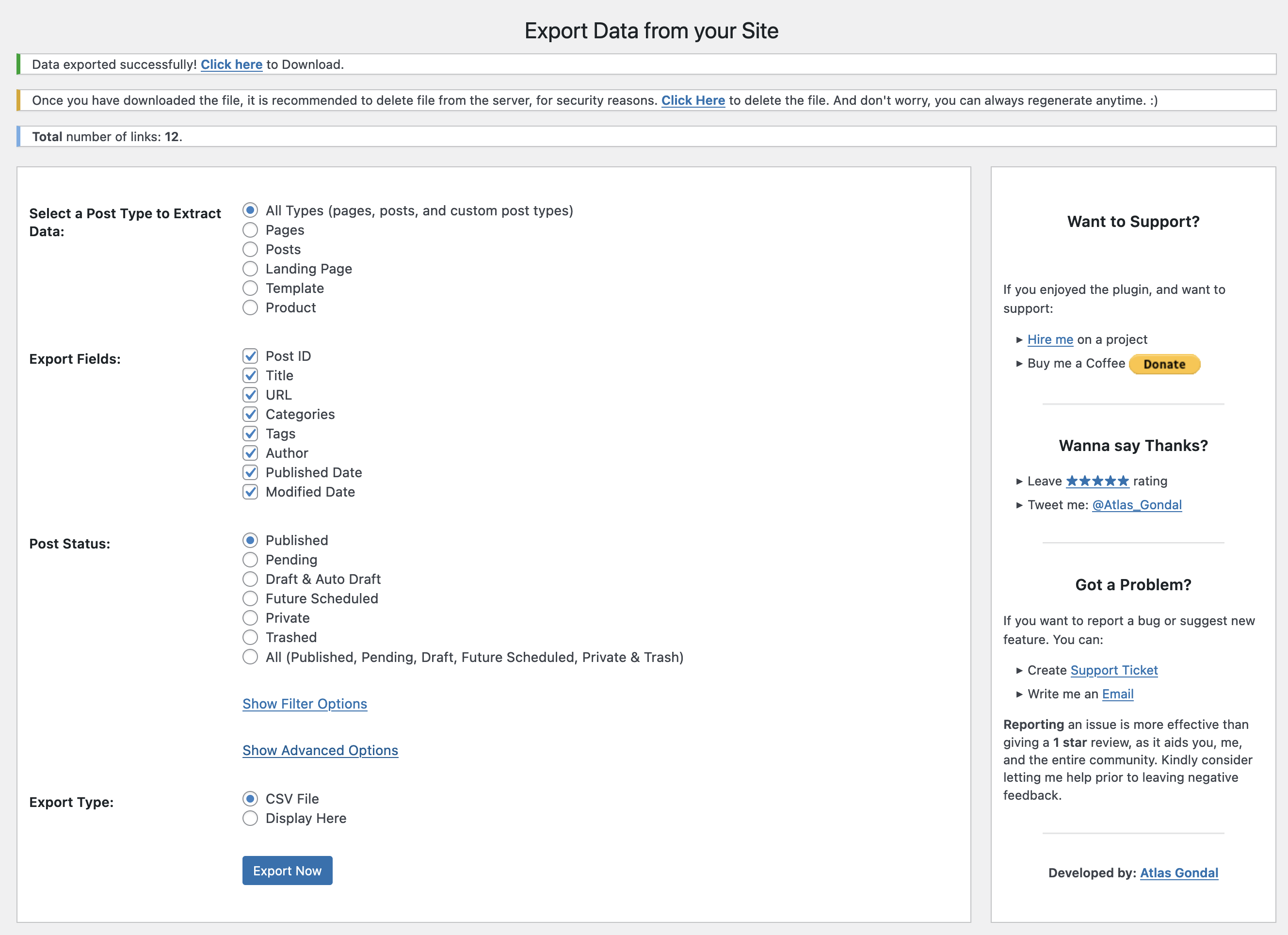 Exported data to a CSV file