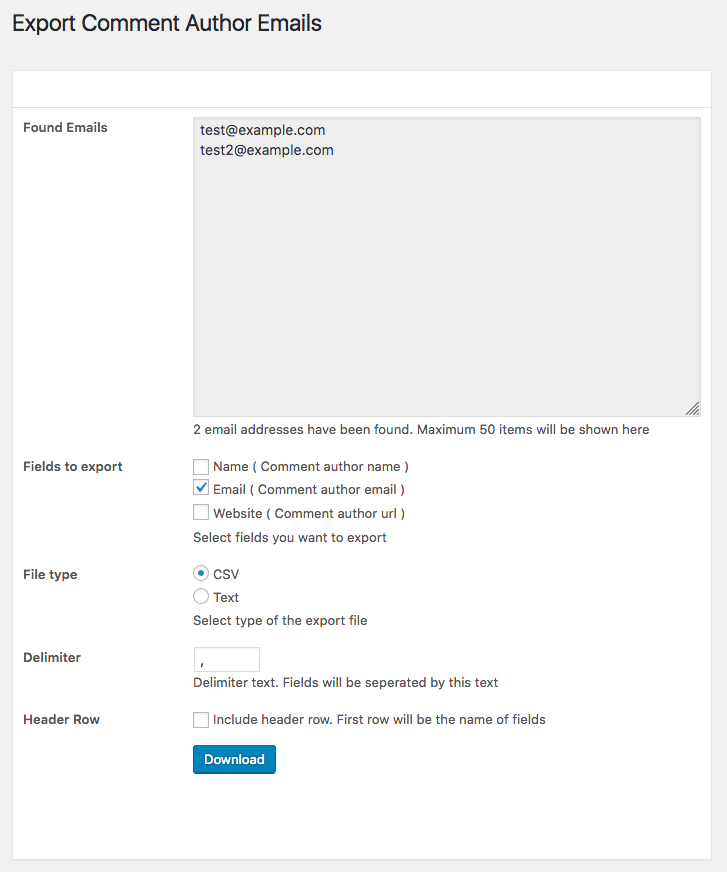Export Comment Author Emails Plugin Page