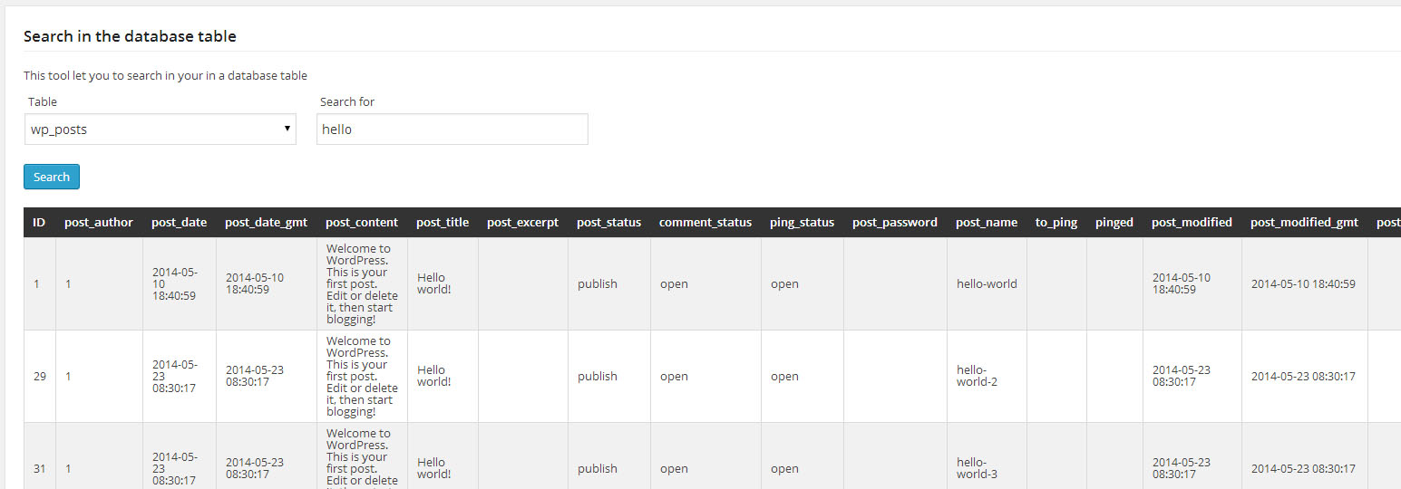 Search in database table