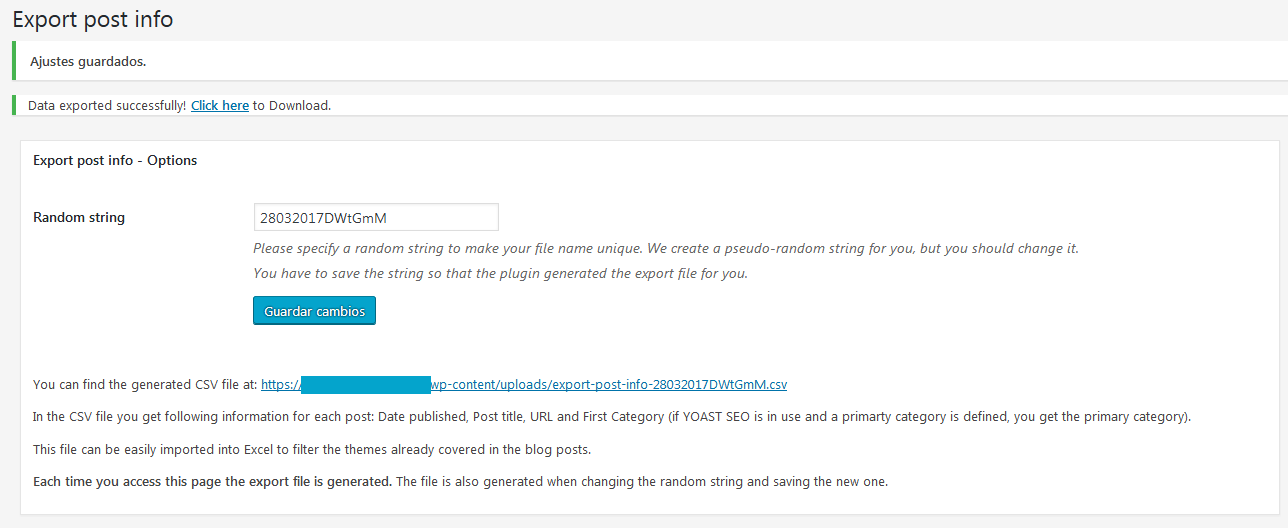 Plugin settings after saving random string. String is set and export file is created.