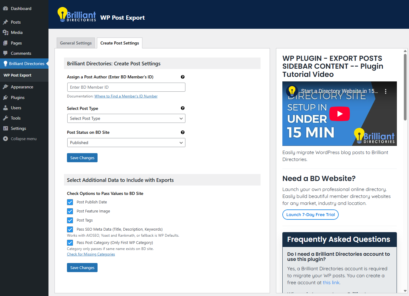 Screenshot of the Create Post Settings.