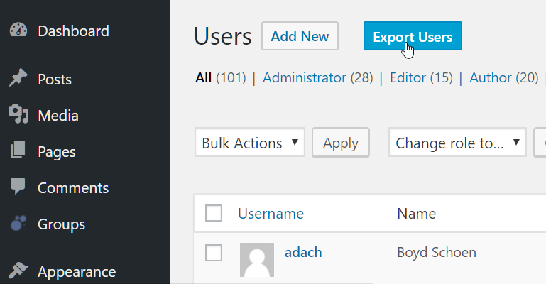 The User Export button at the top of the Users admin page