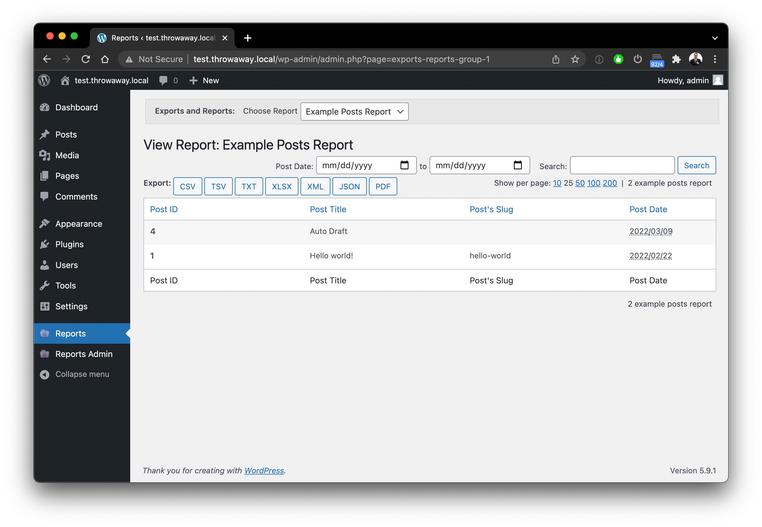 View the report, export data, search content, filter by date, and paginate through the records