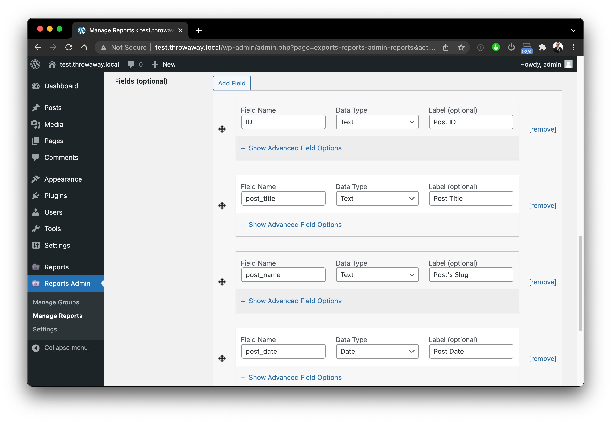 Specify the fields to display on the report and what kind of data they are