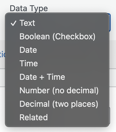 The list of supported data types for each field