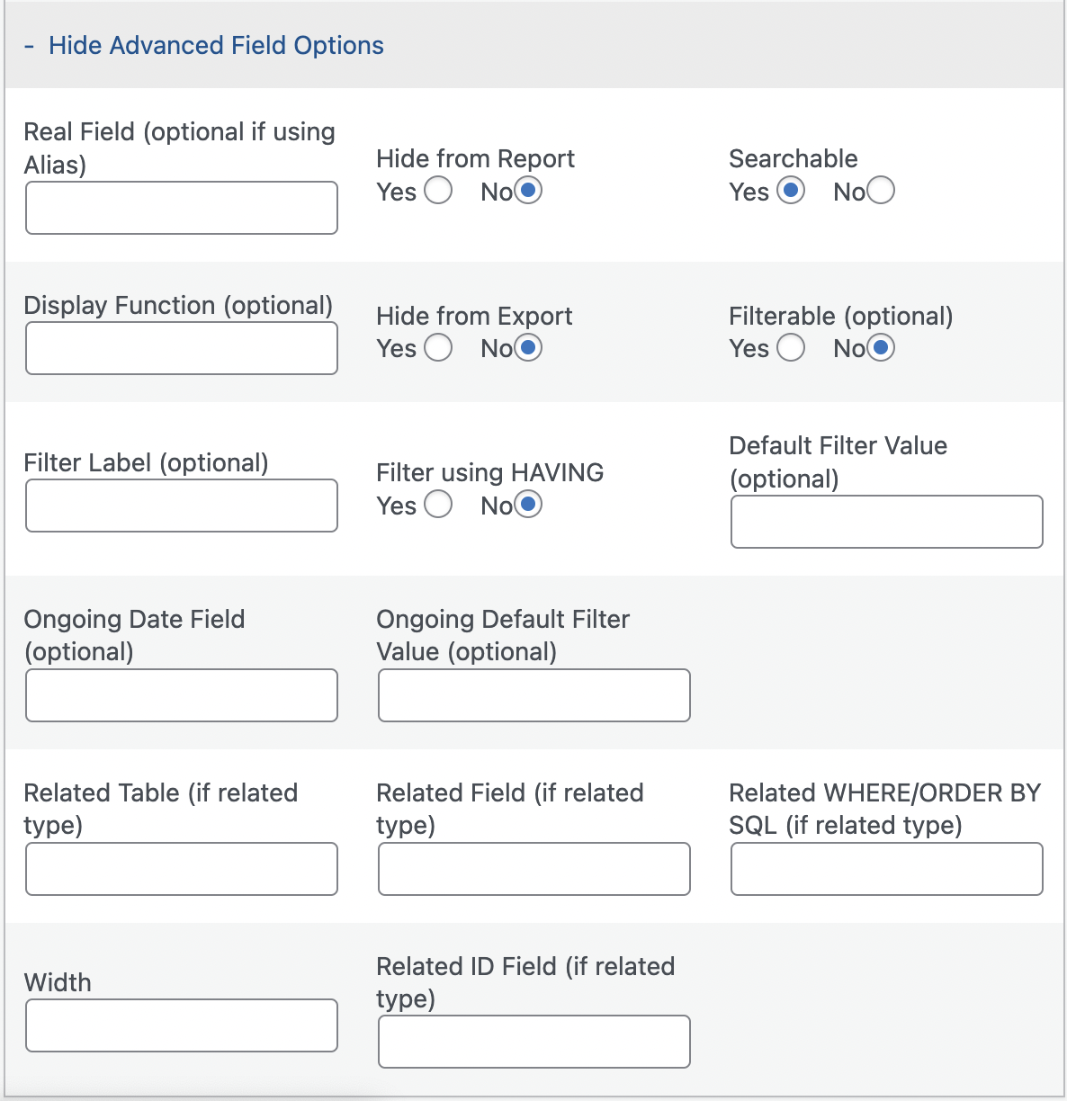 Set advanced field options to further customize how fields will be displayed, exported, searched, filtered, or related to other tables