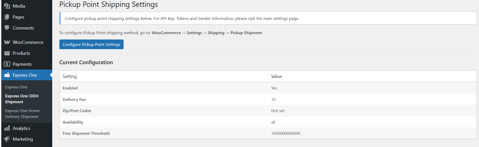 Admin settings for Pickup Shipment