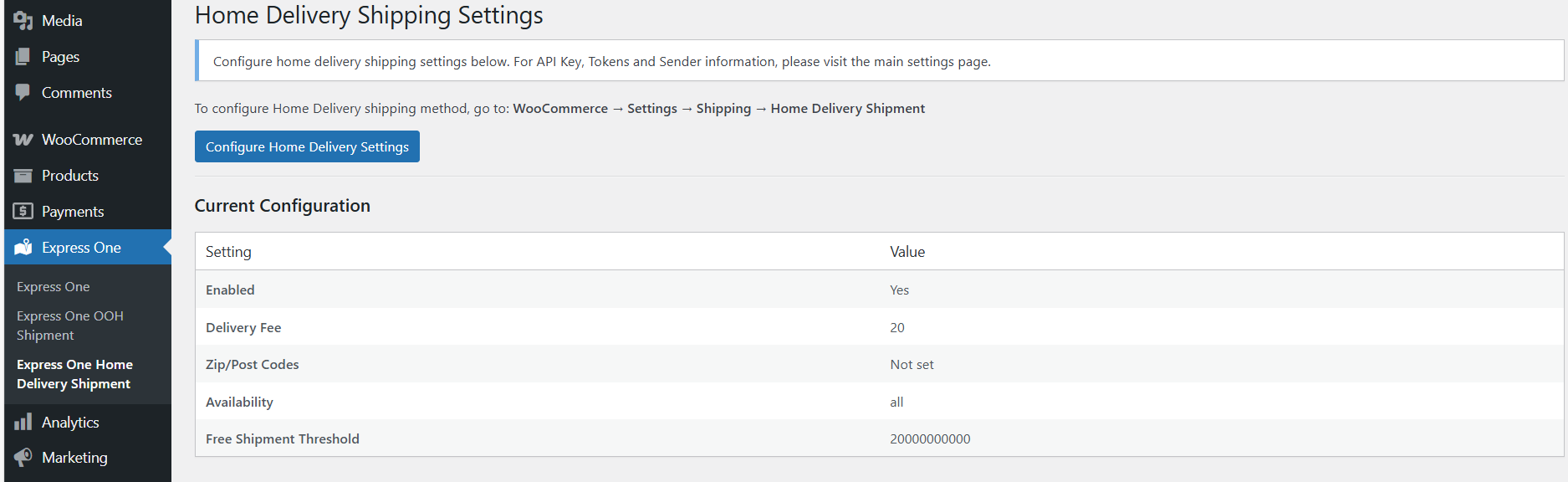 Admin settings for Home Delivery Shipment