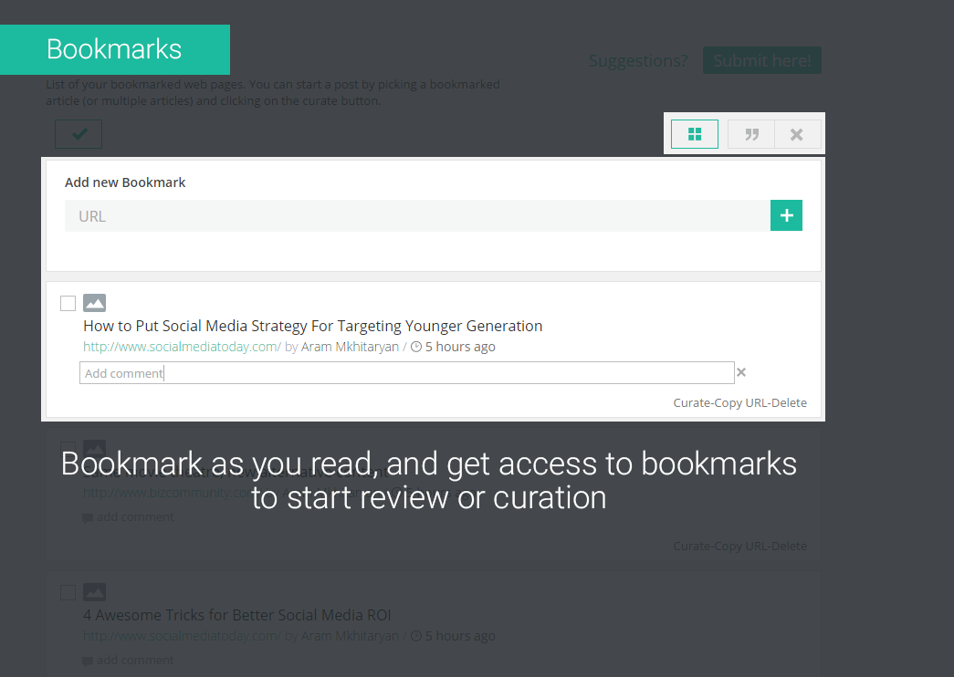 Bookmarks: Bookmark as you read, and get access to bookmarks to start review or curation.