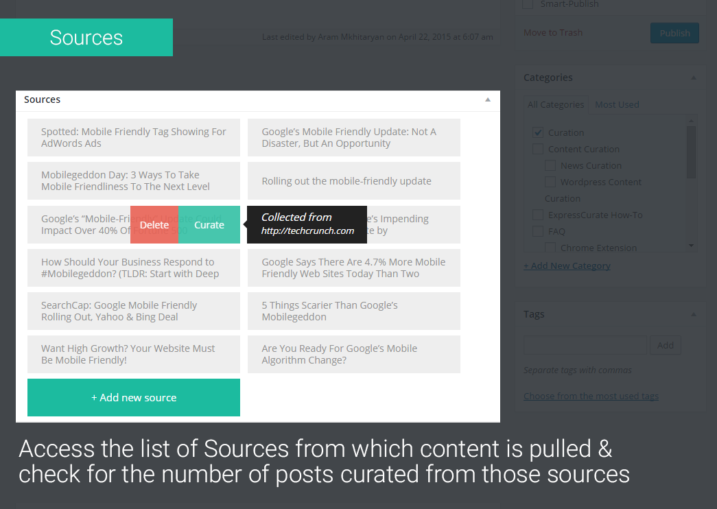 Post - Sources: Access the list of Sources from which content is pulled and check for the number of posts curated from these sources.