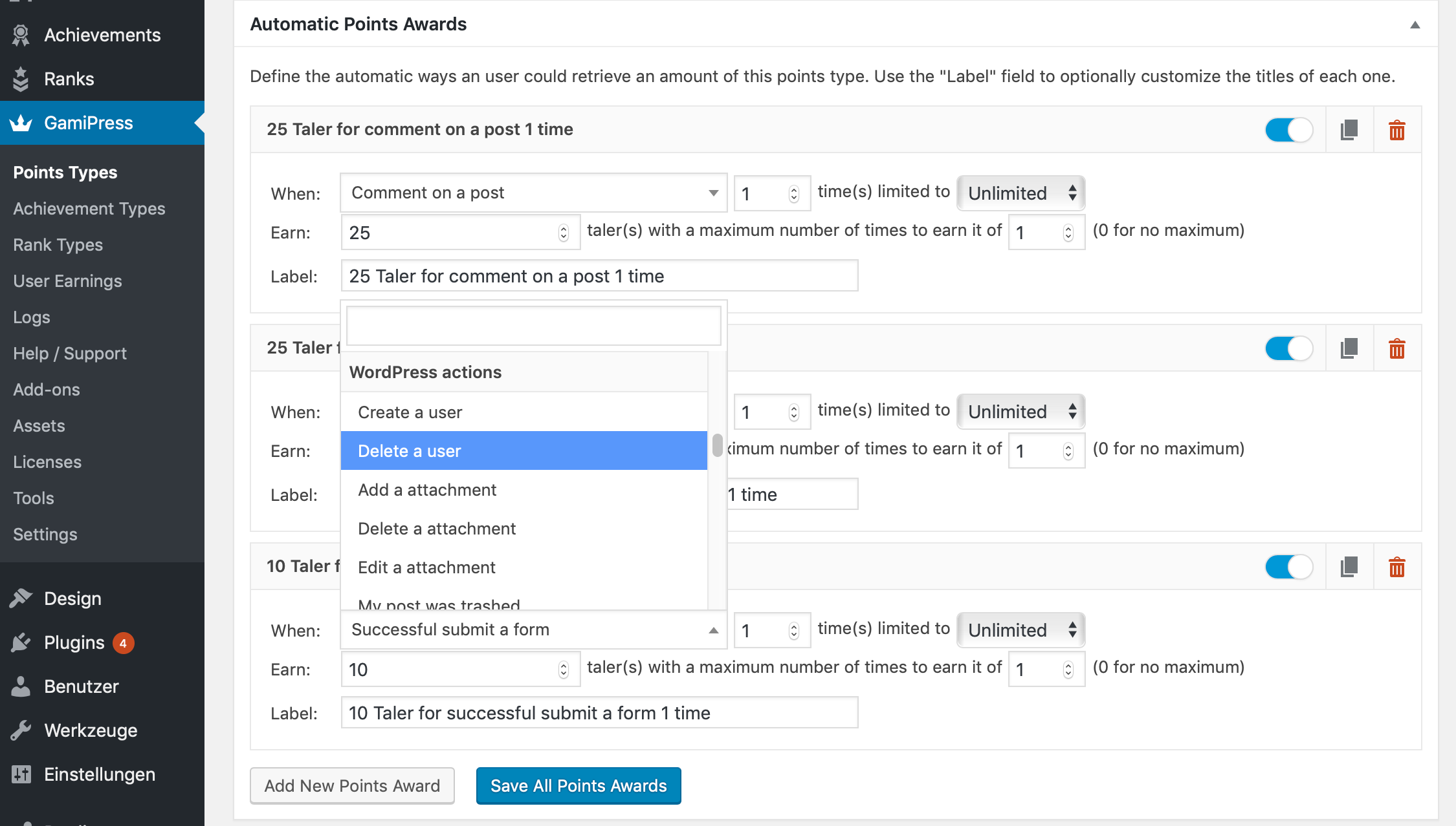GamiPress pointsettings with our new events.