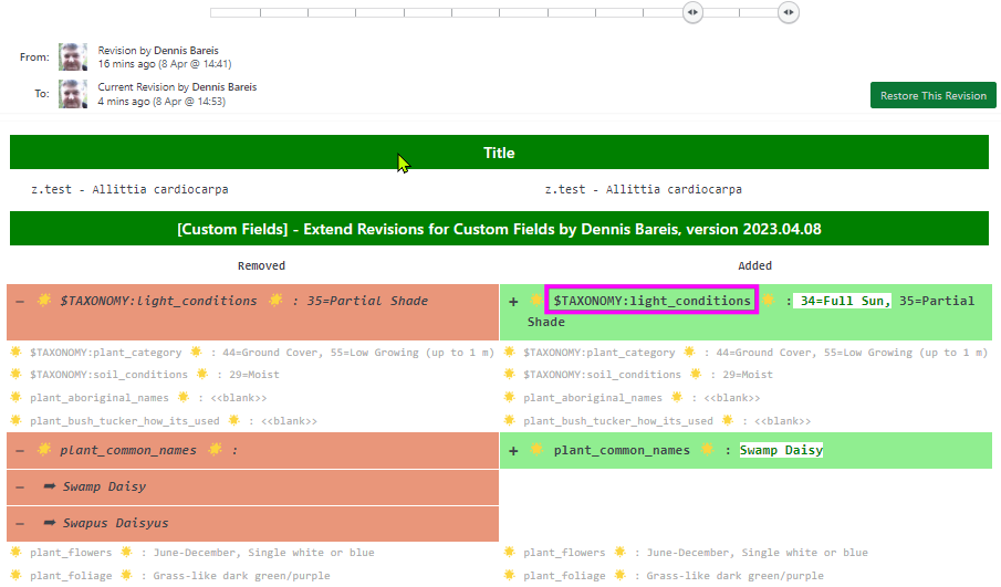 This shows what comparing revisions looks like with the DEFAULT CSS and options.