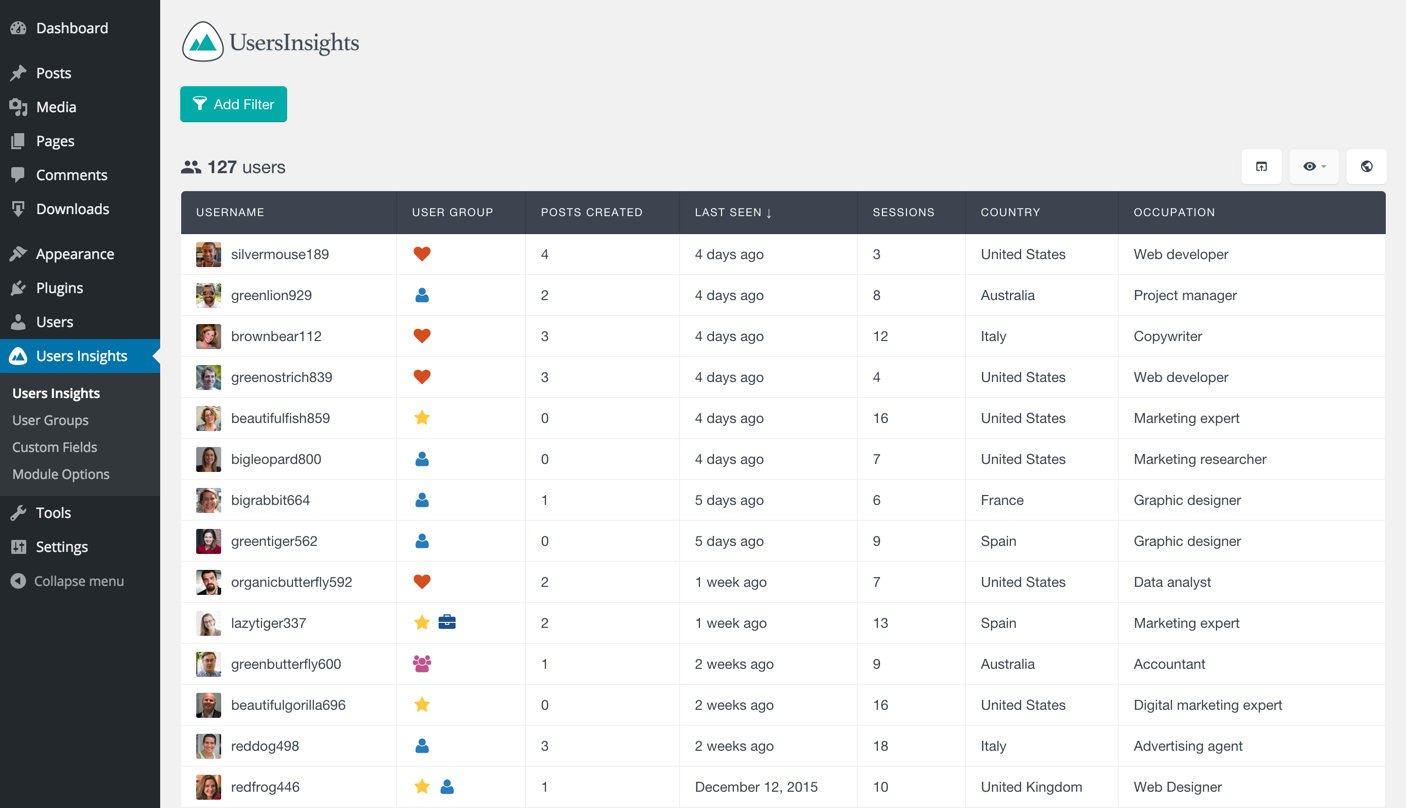 Users Insights table with Group Icons