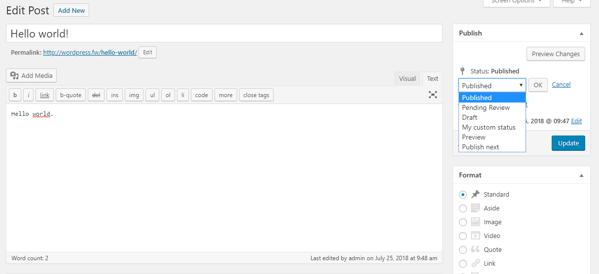 The status options in the classic post editor