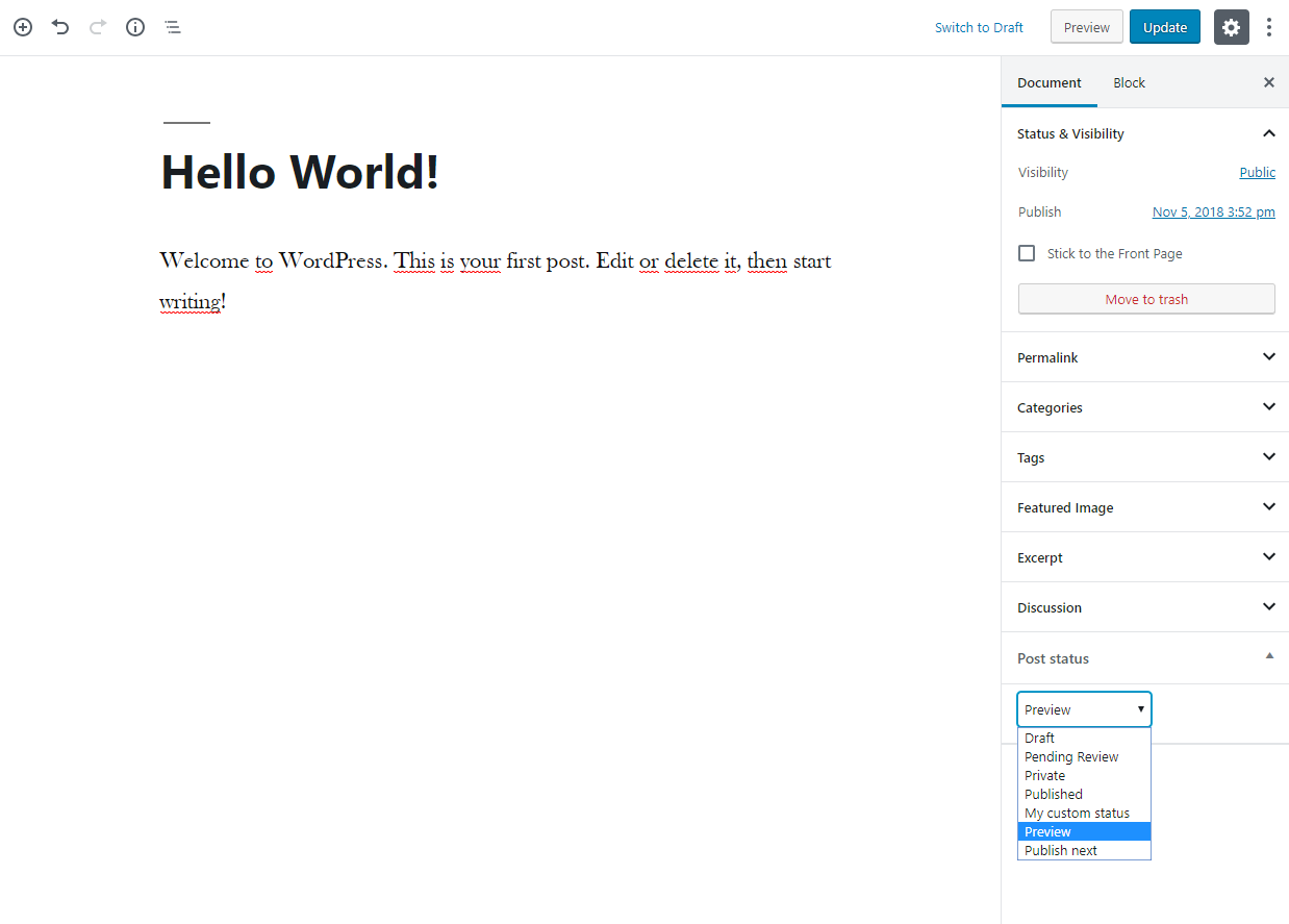 The status options in gutenberg editor