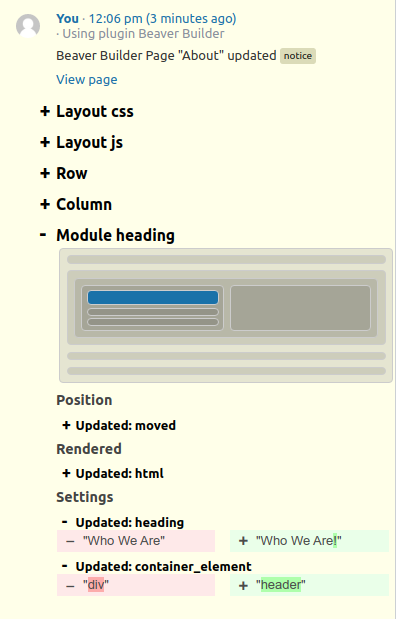 Layout setting (Layout JavaScript and Layout CSS) changes will appear as their own entries in the log.