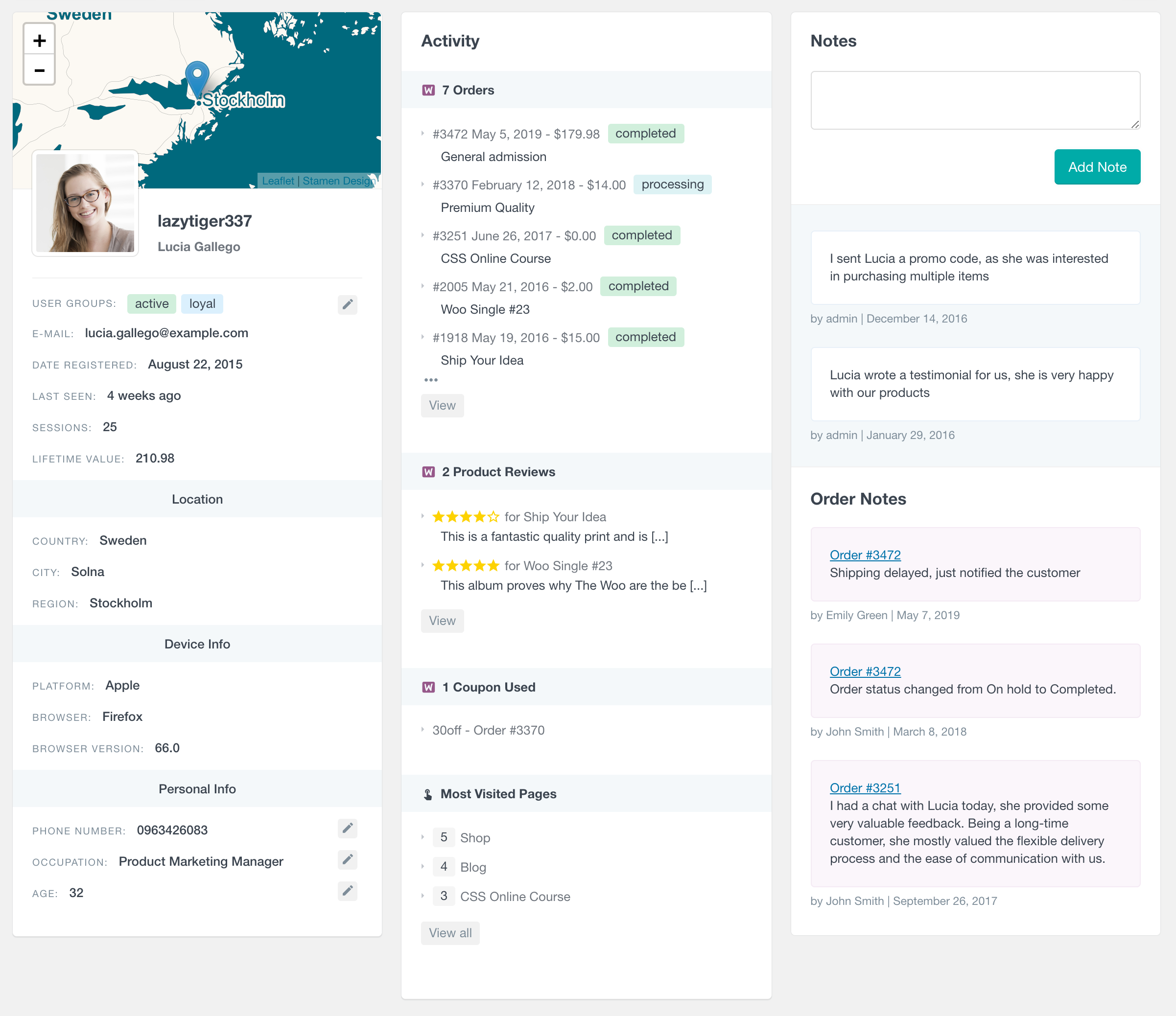 WooCommerce order notes in the user profile section