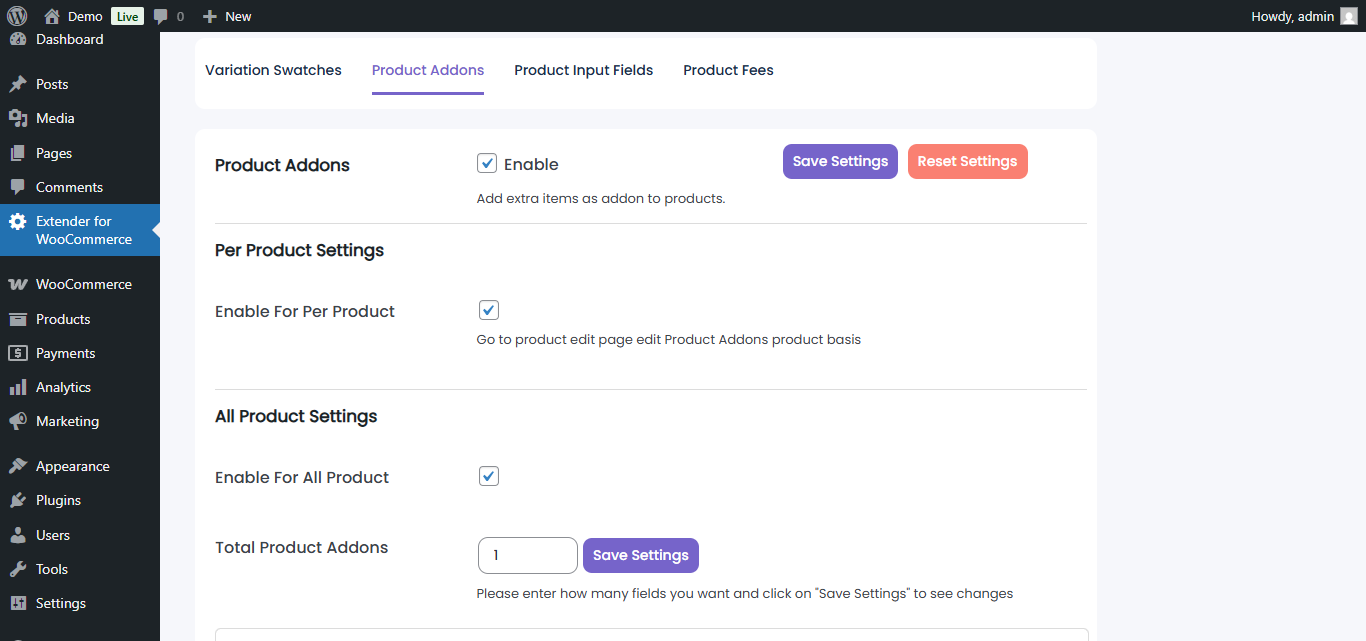 Product Addons Example