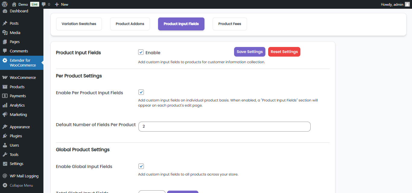 Product Input Fields Example