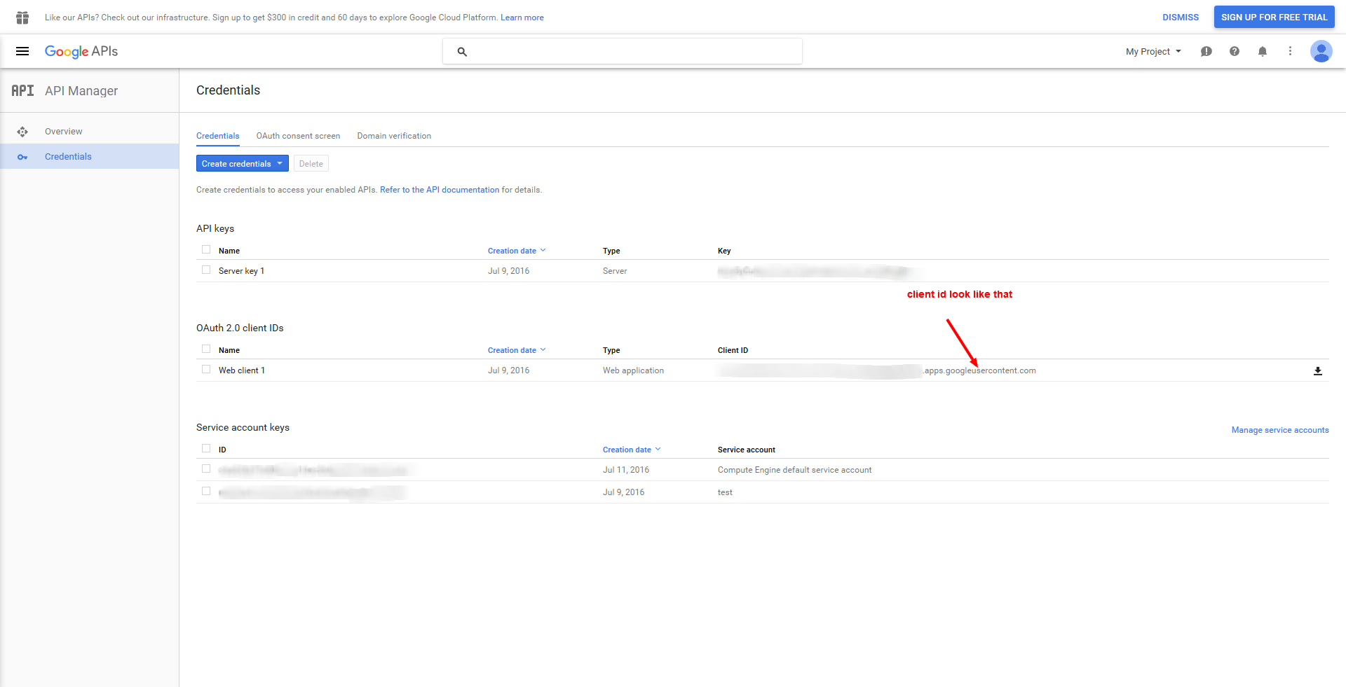 In the credential link you will see your google client id end with "apps.googleusercontent.com".