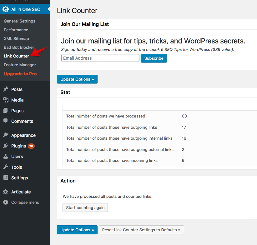 Link counter admin page