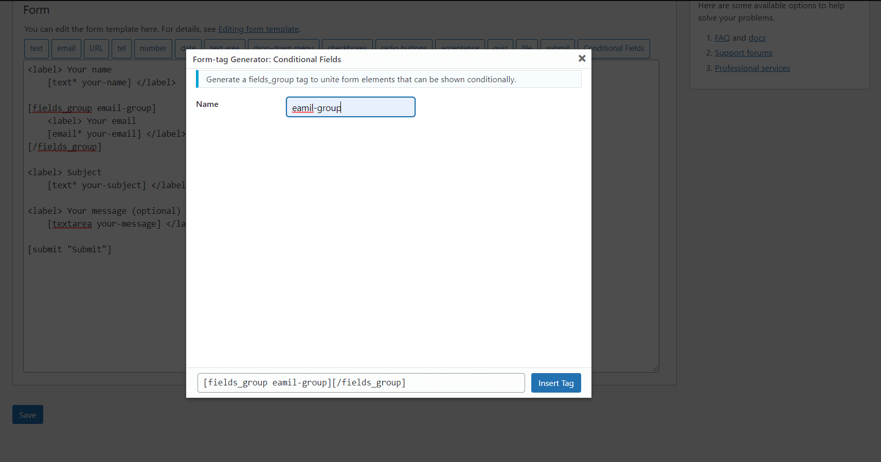Redirection options in the contact form editor tab