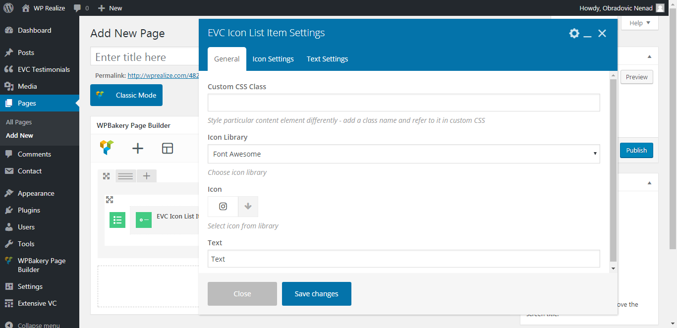 Editing a plugin shortcode element in WPBakery page builder.