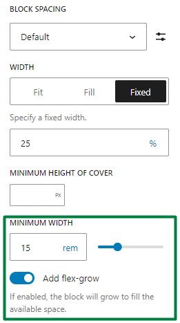 New options available under the Dimensions panel at the Styles tab. The options appear only for the child blocks of the Row Gutenberg block.