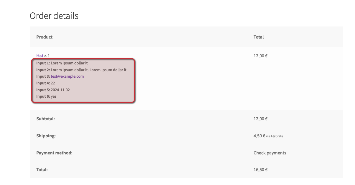 Display summary on order email
