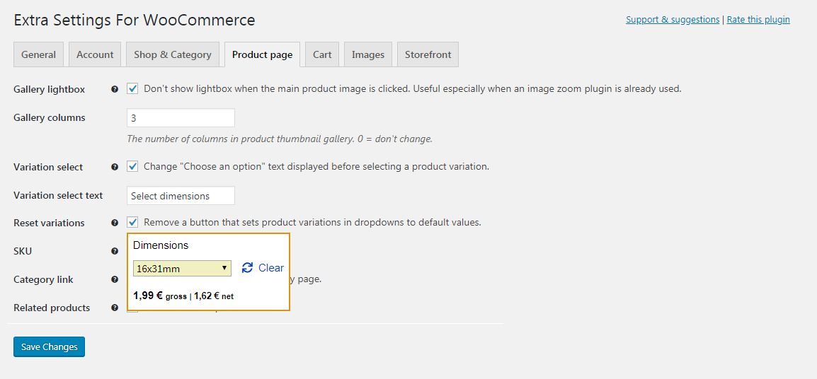 Plugin settings - Product page tab.