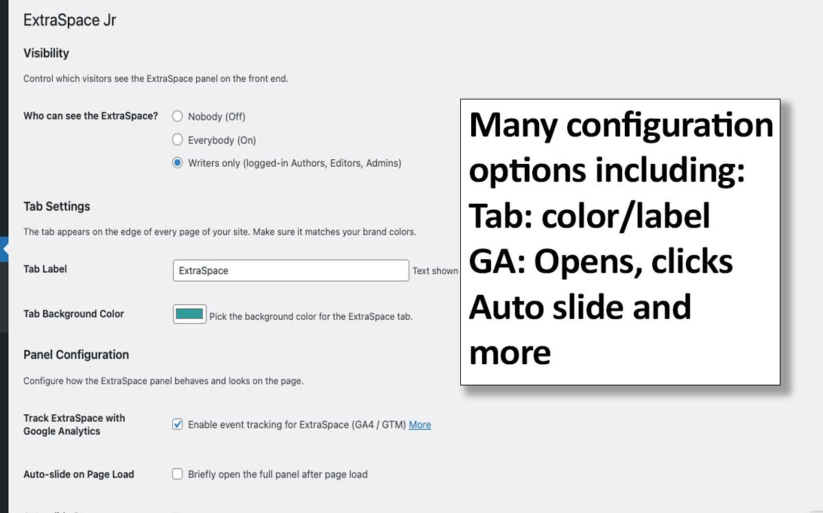 The Settings screen offers a variety of configurations, including GTM/GA4 tracking, Tab customizations, Visibility, and more.
