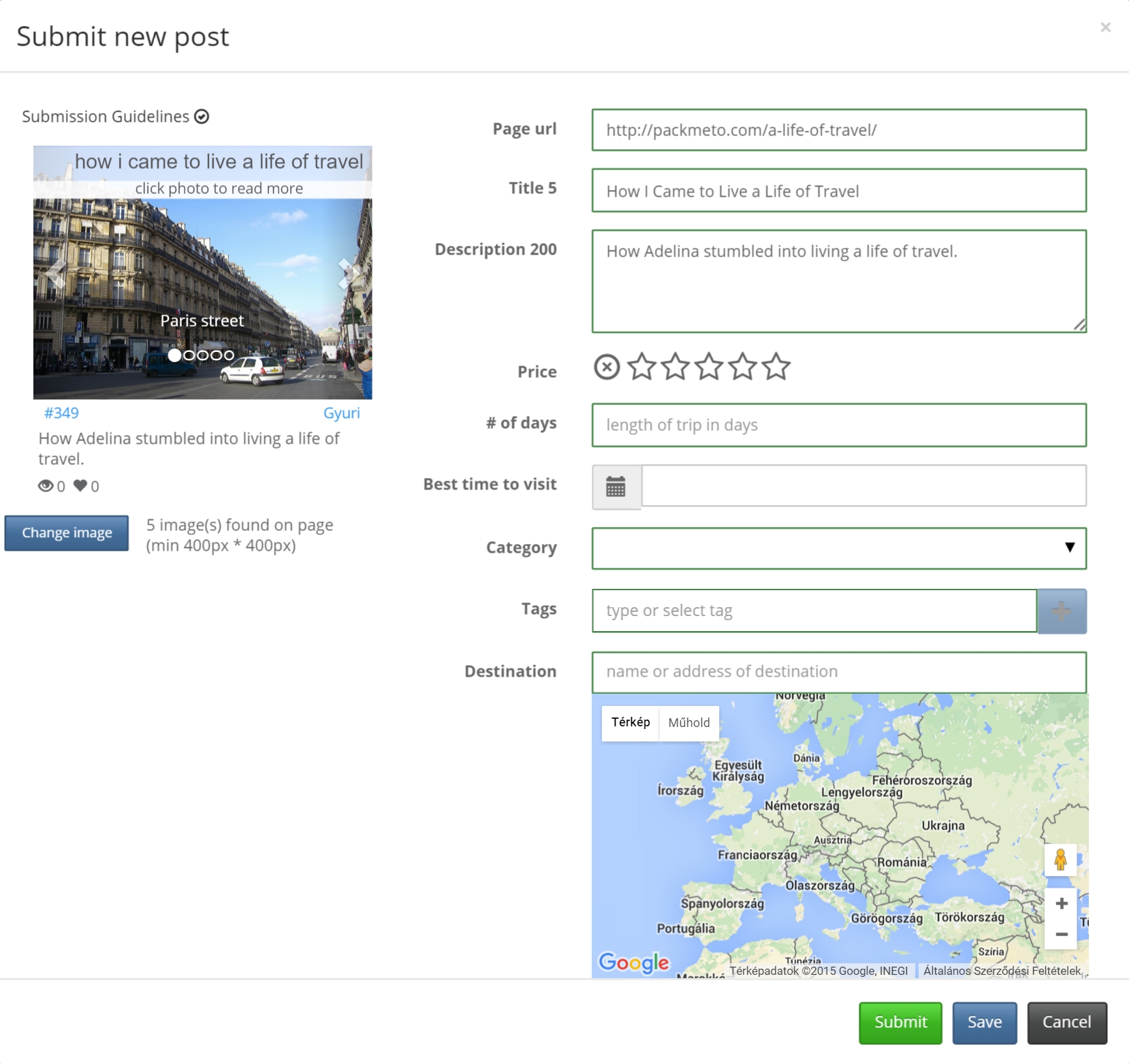 screenshot-1.jpg depicts the submission page on the website of eyeCanGo. The title, description and photo options are recognized automatically.