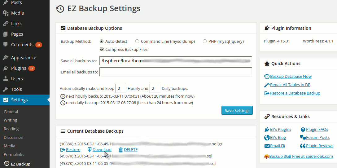 This is a screenshot of the EZ Backup Settings and the Admin Menu.