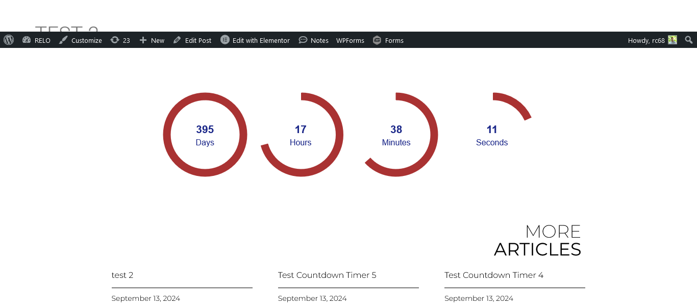 **Countdown Timer Display Example** - This screenshot displays a live countdown timer as it appears on the front end after being created and styled. It shows the timer actively counting down to the specified date and time, with the chosen text color, background color, font, and alignment applied. This provides a clear example of how the countdown timer will look to visitors on your website.