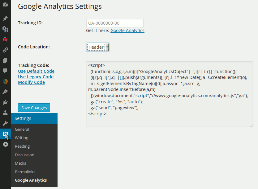 EZ Google Analytics Settings page.