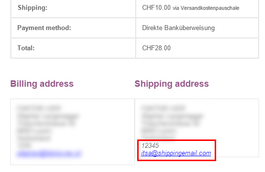 Fields in order confirmation e-mail