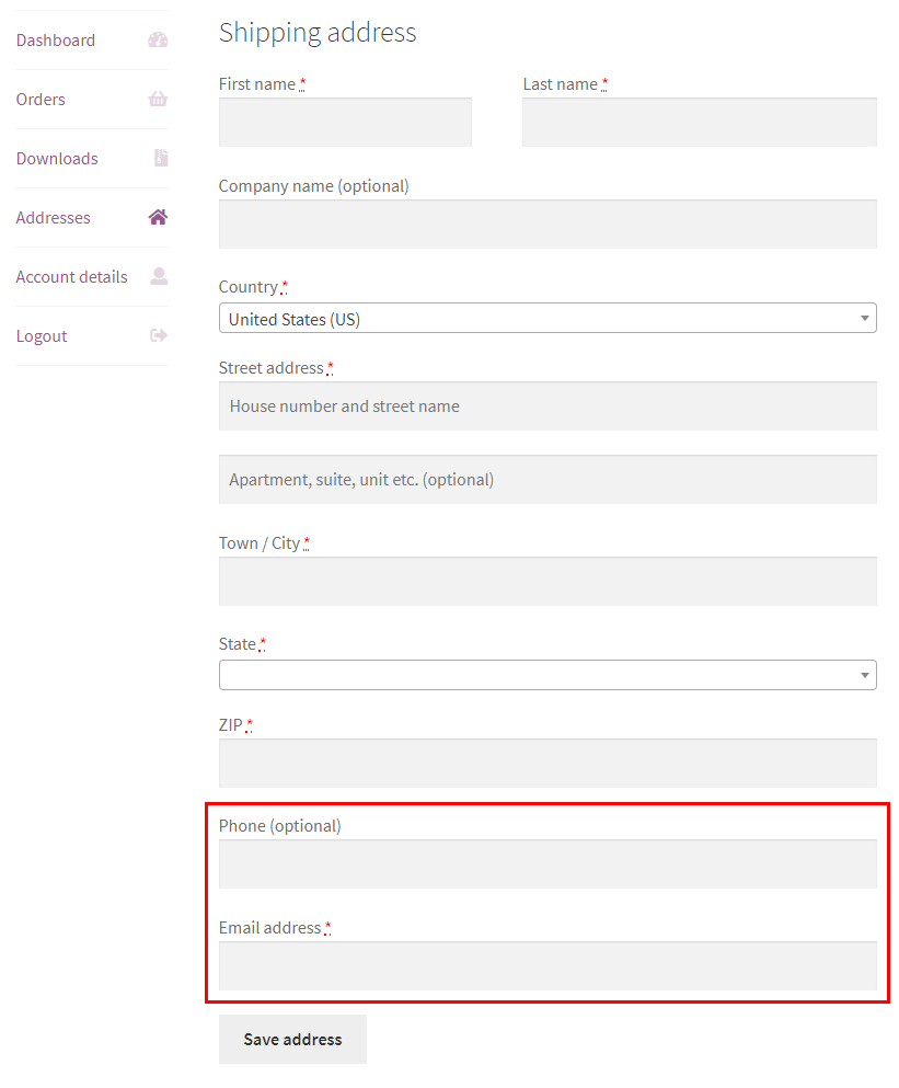 Fields in edit address form