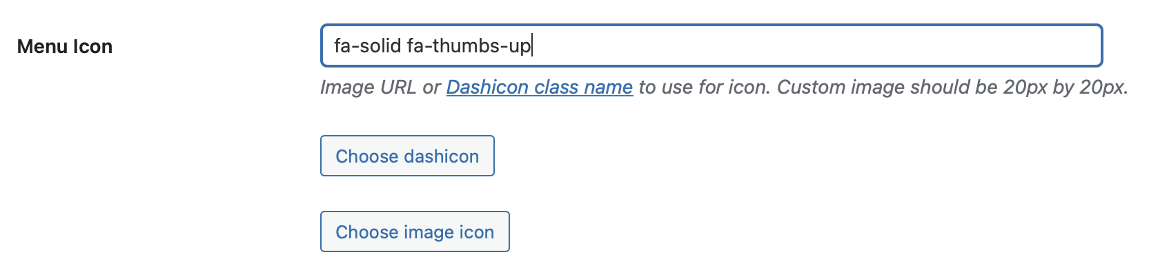 Screenshot of Custom Post Type UI Menu Icon field populated with 'fa-solid fa-thumbs-up'