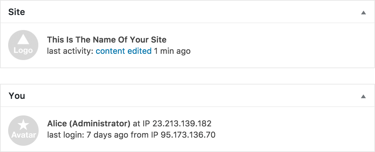Site / You: personalized for the current site and user, giving additional useful information, such as how long since the last change on the site, and how long since your last login.