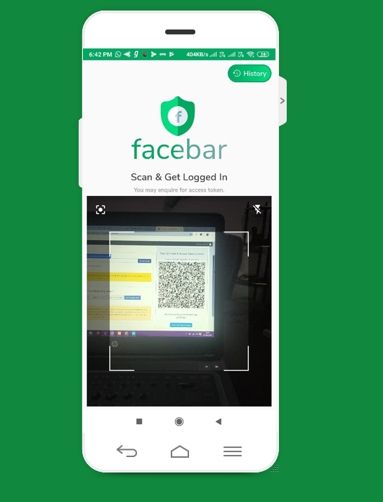 Scan QR Code which is showing in configuration page of facebar to log in for fist time.