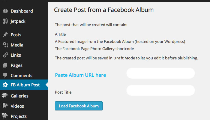 Go To your Wordpress Admin in the FB Album Post Menu. Paste the URL and wait until pictures and title from your album appears.
