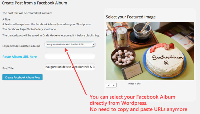 You have now access to your public Facebook Album list directly on Wordpress. Just select the desired album to browse pictures.