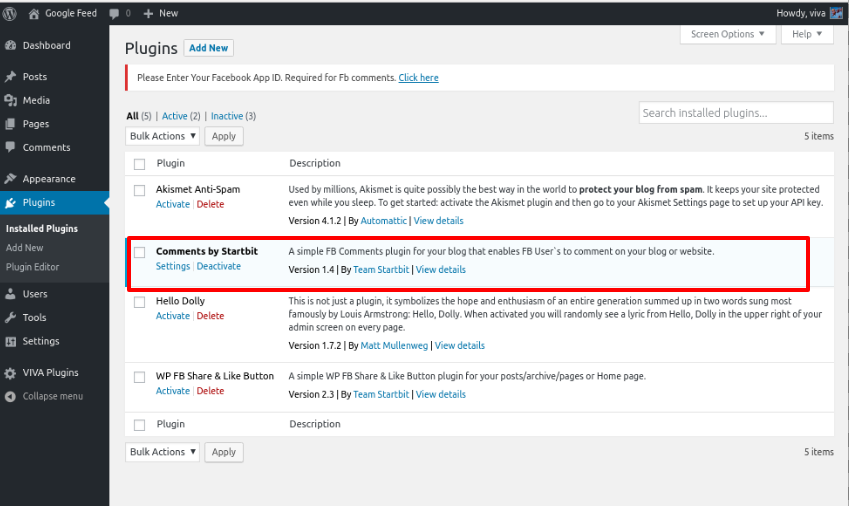 "Comments by Startbit" plugin installed and appears in the plugins menu.