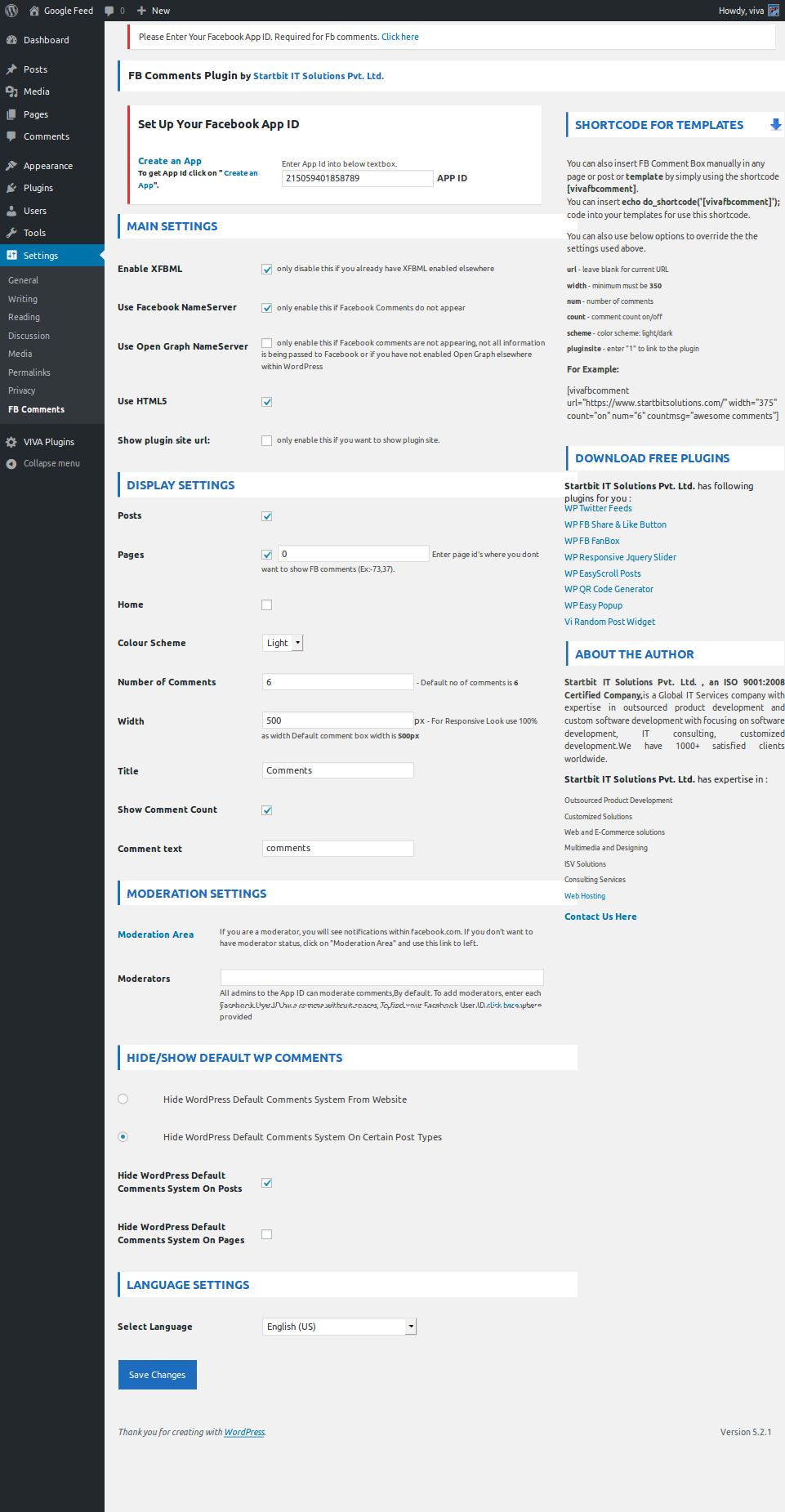 "Comments by Startbit" Settings Section.