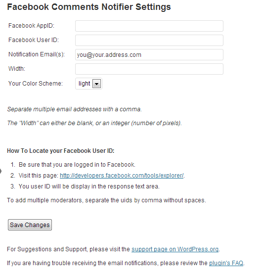 Settings screen for the Facebook Comments Notifier plugin